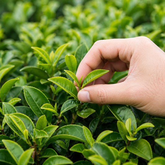 Hand picking fresh tea leaves in a tea garden, showing careful harvesting for premium tea