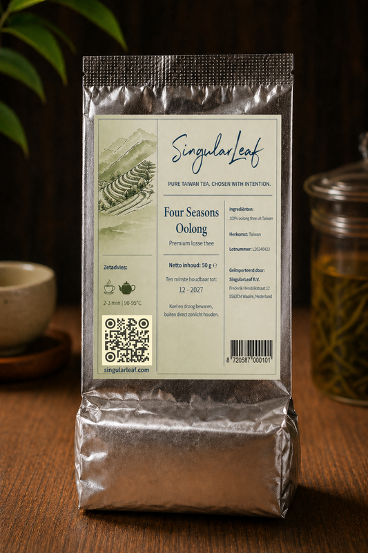 Premium Taiwanese Four Seasons Oolong tea packaging by SingularLeaf, loose leaf tea in metallic pouch with brewing instructions and QR code