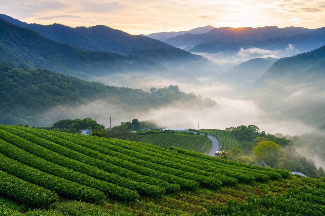 Misty high-mountain tea plantation in Taiwan with rows of oolong tea fields at sunrise